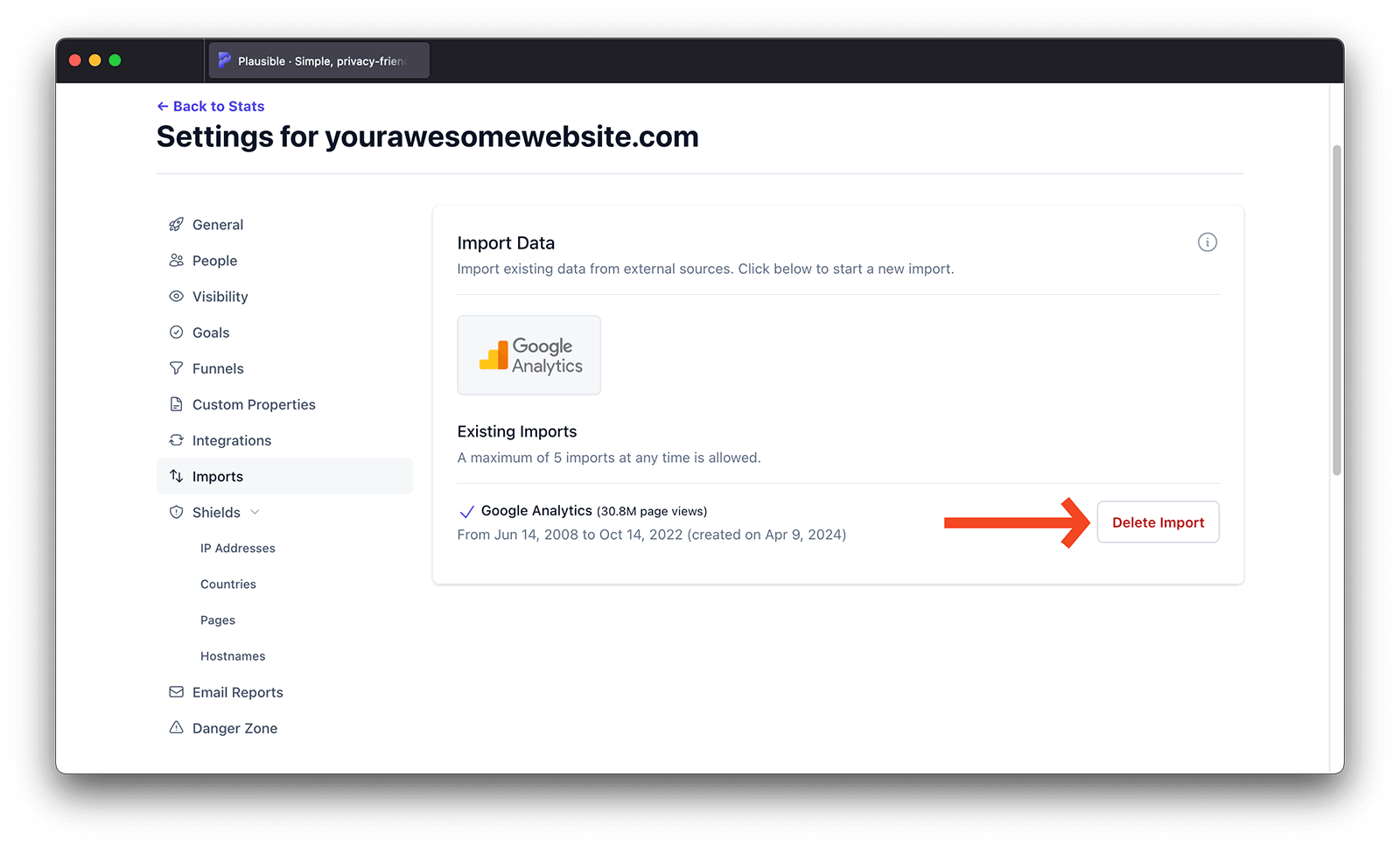 Delete Google Analytics data from Plausible