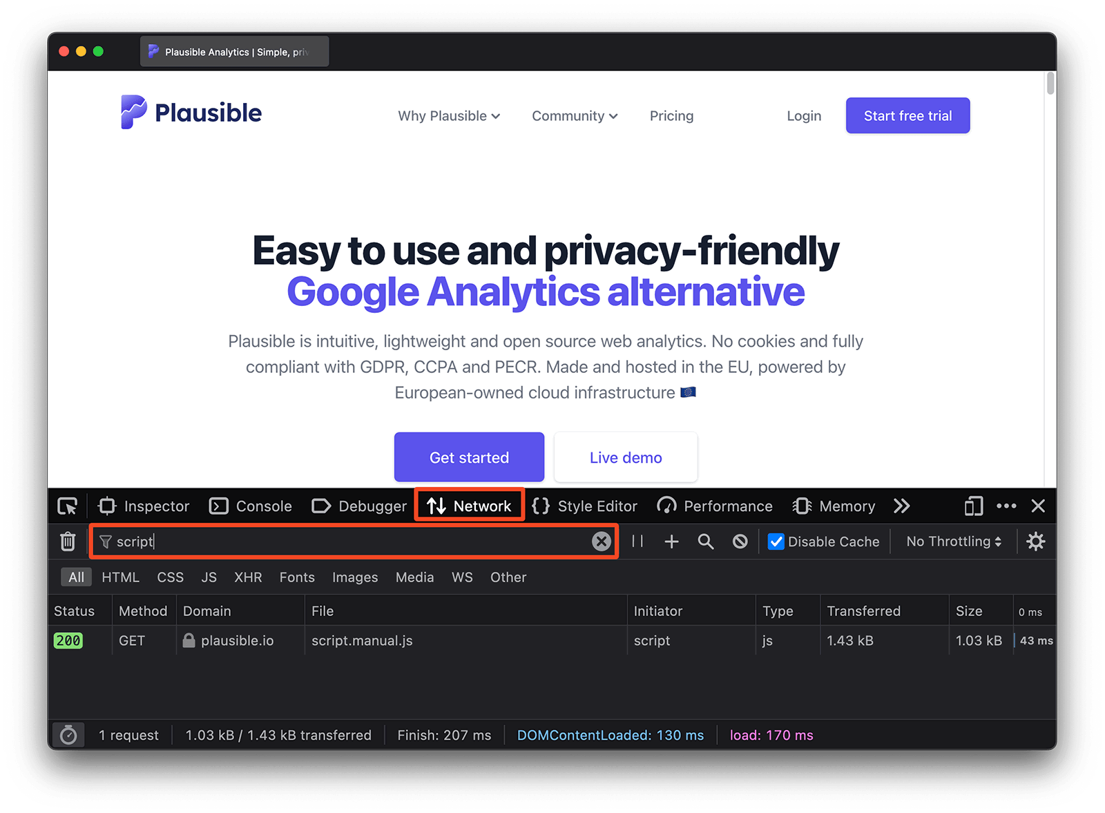 Ensure that the Plausible Analytics script is loading in the 'Network' tab