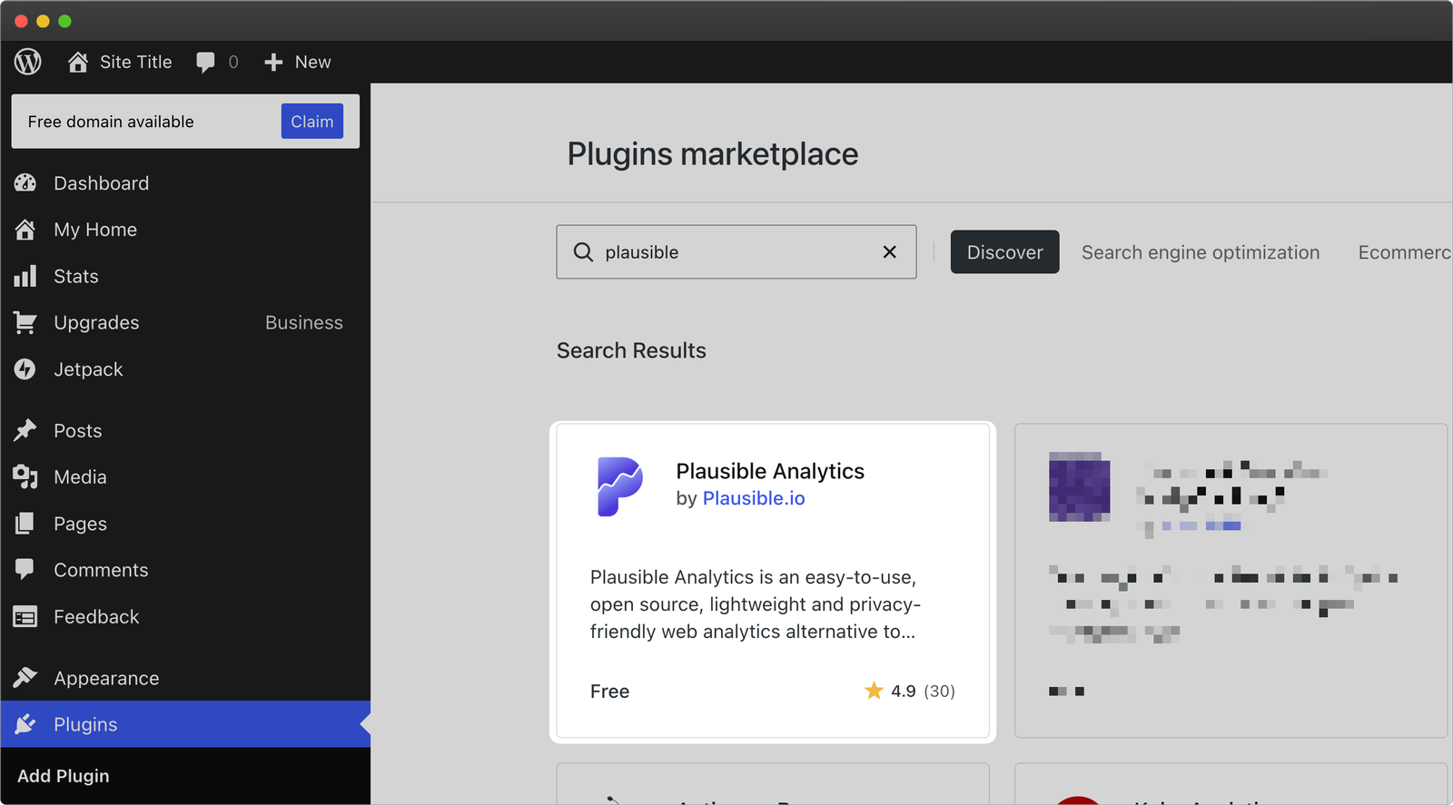 Search and install the \\"Plausible Analytics\\" WordPress plugin Search and install the "Plausible Analytics" WordPress plugin